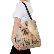 Charming Frenchie Canvas Tote Bag - Fawn Bulldog with Floral Design