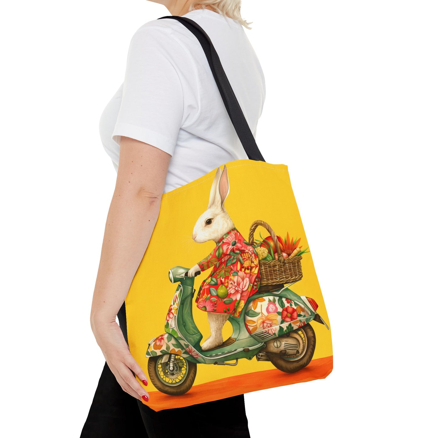 Bunny on Floral Scooter Tote Bag, Vibrant Eco-Friendly Shopping Tote