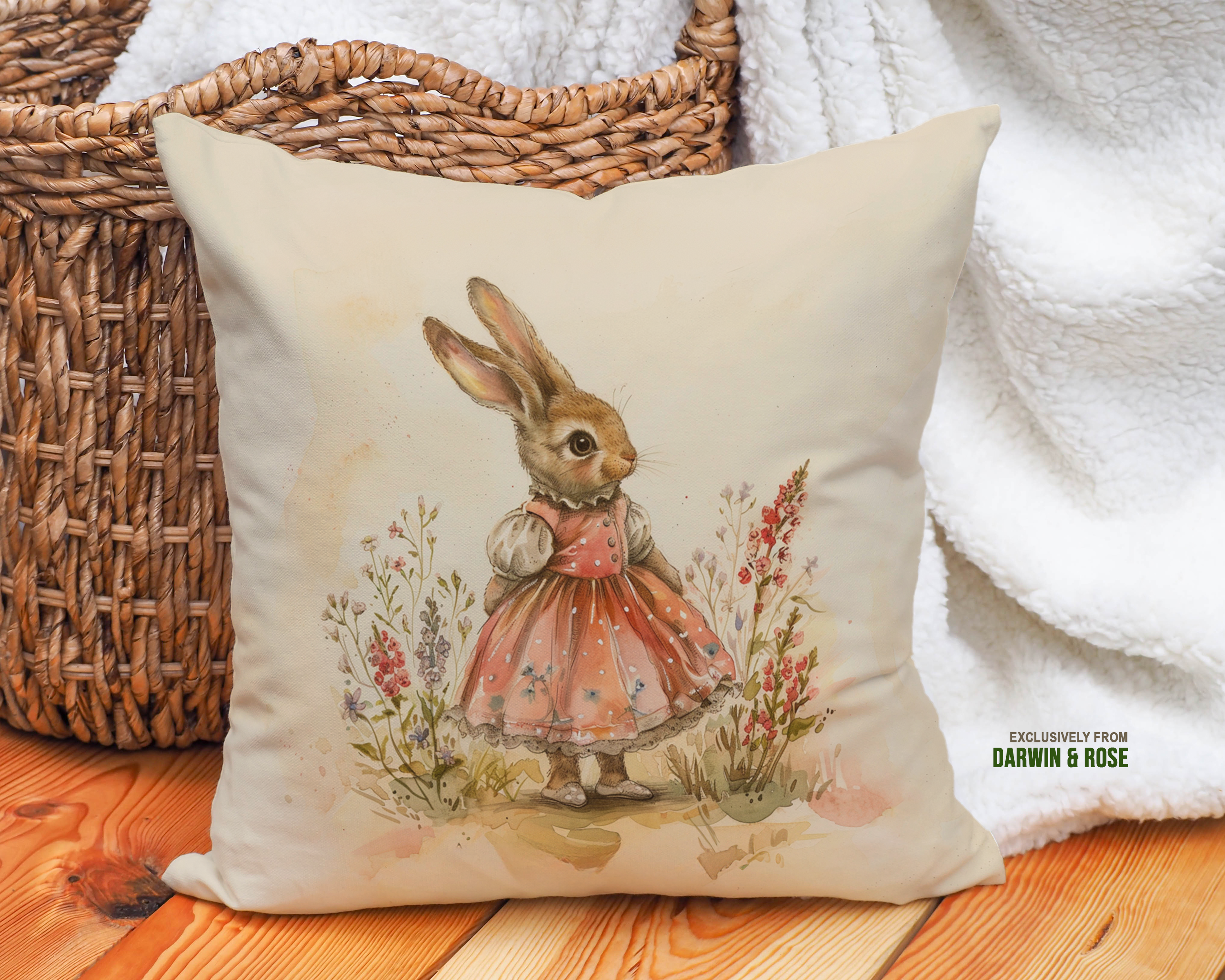 Vintage Easter Bunny Throw Pillow - Pastel Farmhouse Spring Decor
