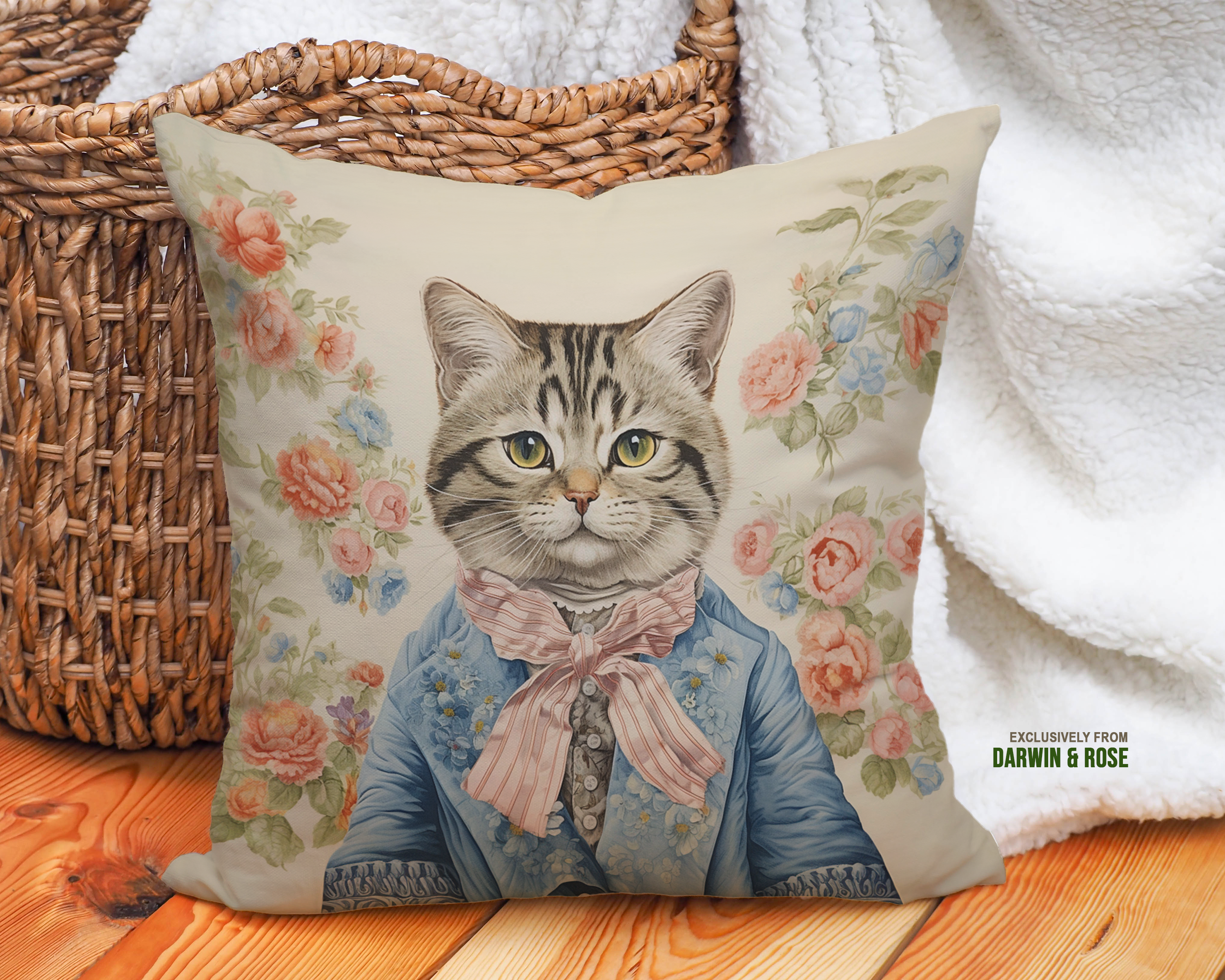 Regal American Shorthair Cat Throw Pillow – Vintage Floral Charm for Modern Homes