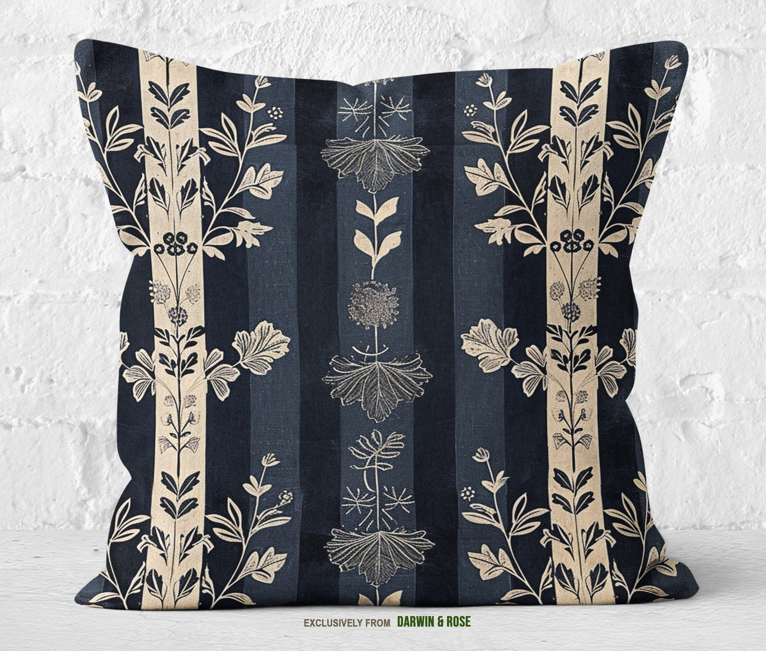 Floral Elegance Navy and Cream Striped Throw Pillow (Modern Boho Style)