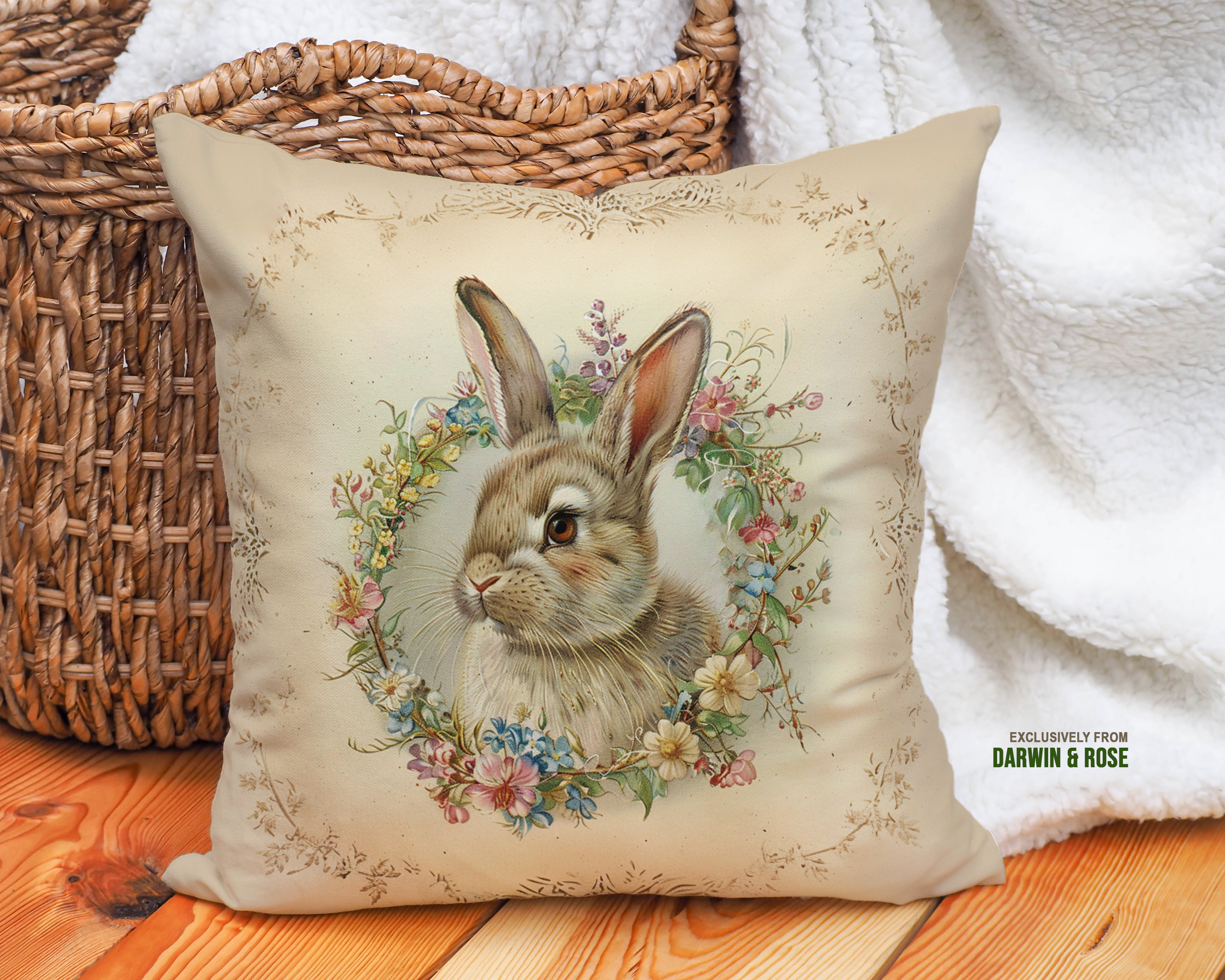 Easter Bunny Floral Wreath Decorative Throw Pillow