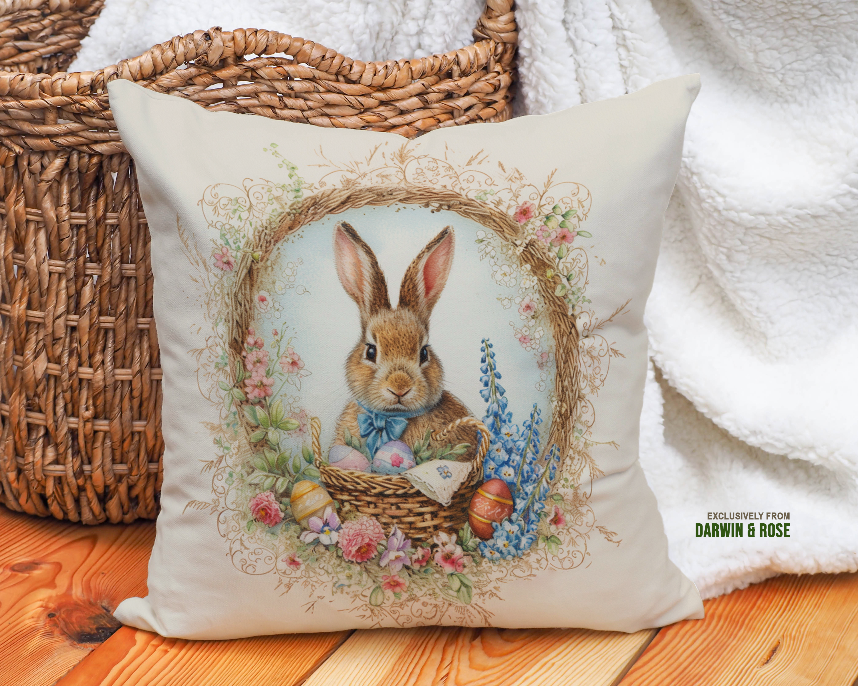 Easter Bunny Wreath Throw Pillow – Farmhouse Spring Décor