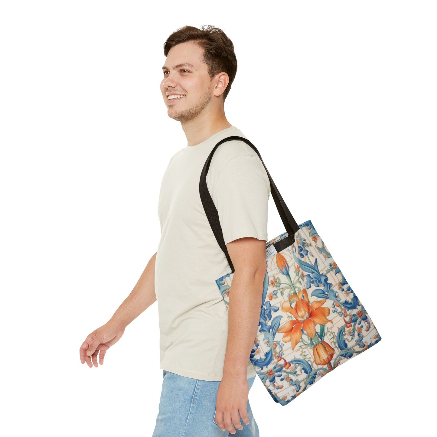 Floral Elegance Tote Bag, Vibrant Orange and Blue Reusable Shopper