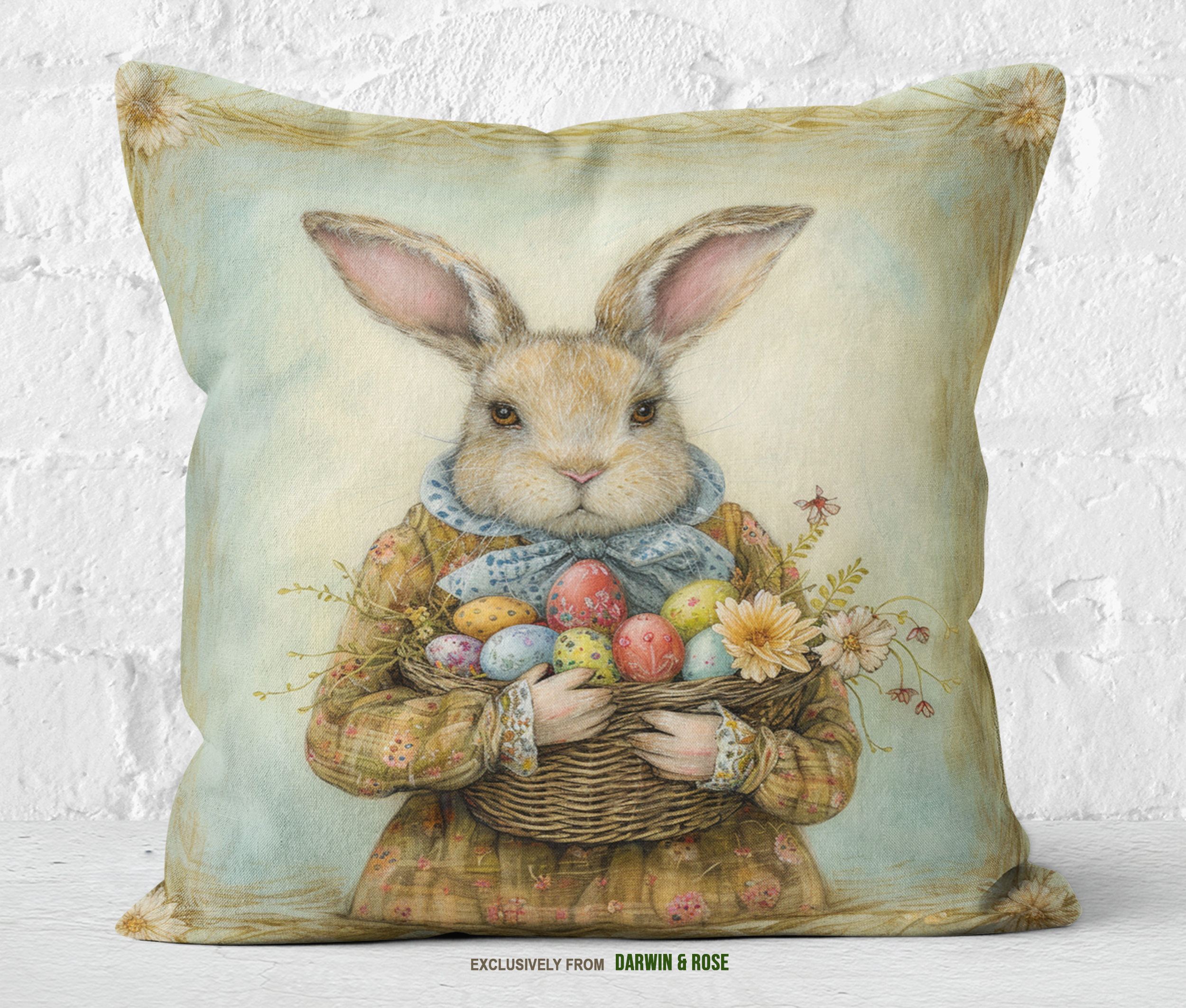 Vintage Easter Bunny Throw Pillow – Farmhouse Spring Decor