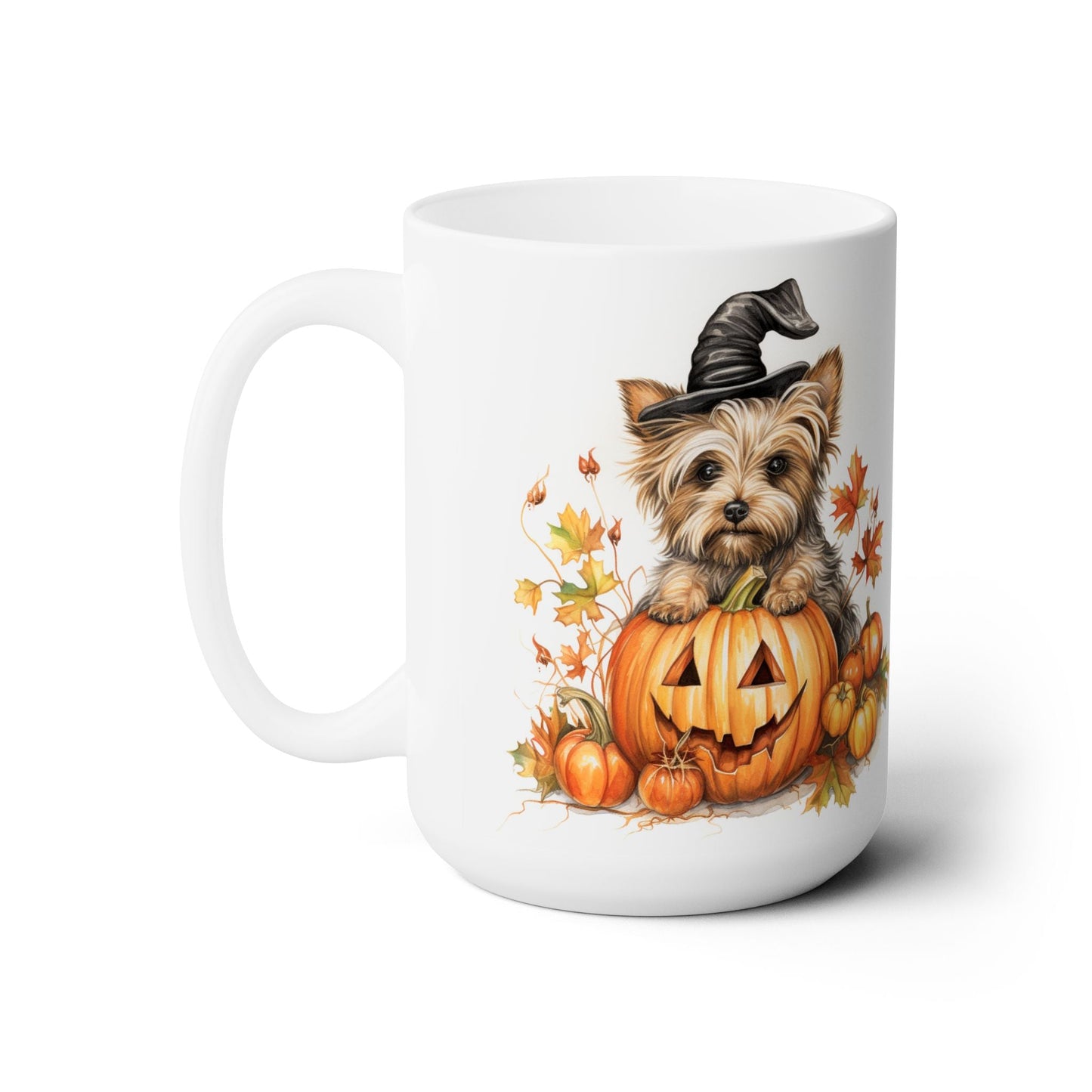 Yorkie Halloween Mug with Witch Hat and Pumpkin Design