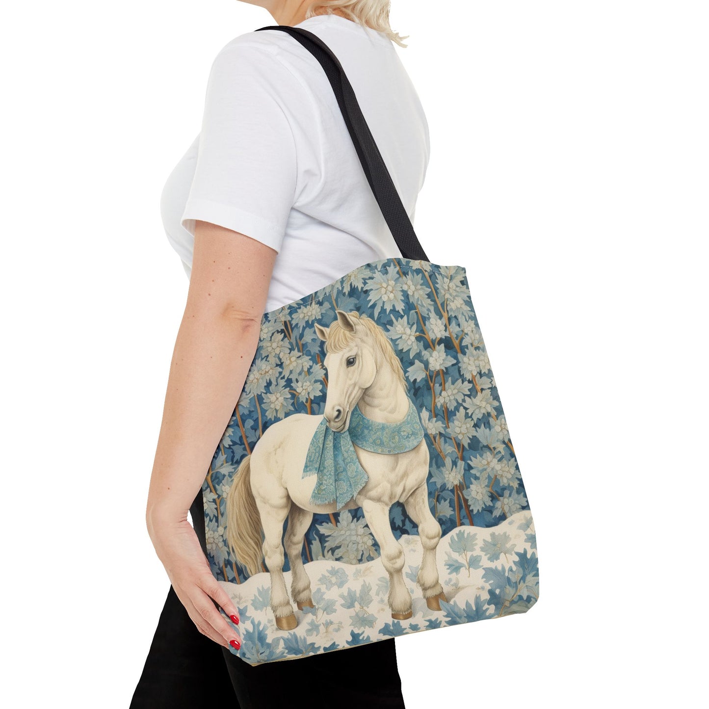 Elegant Winter Horse Tote Bag, Floral Design with Scarf Accent