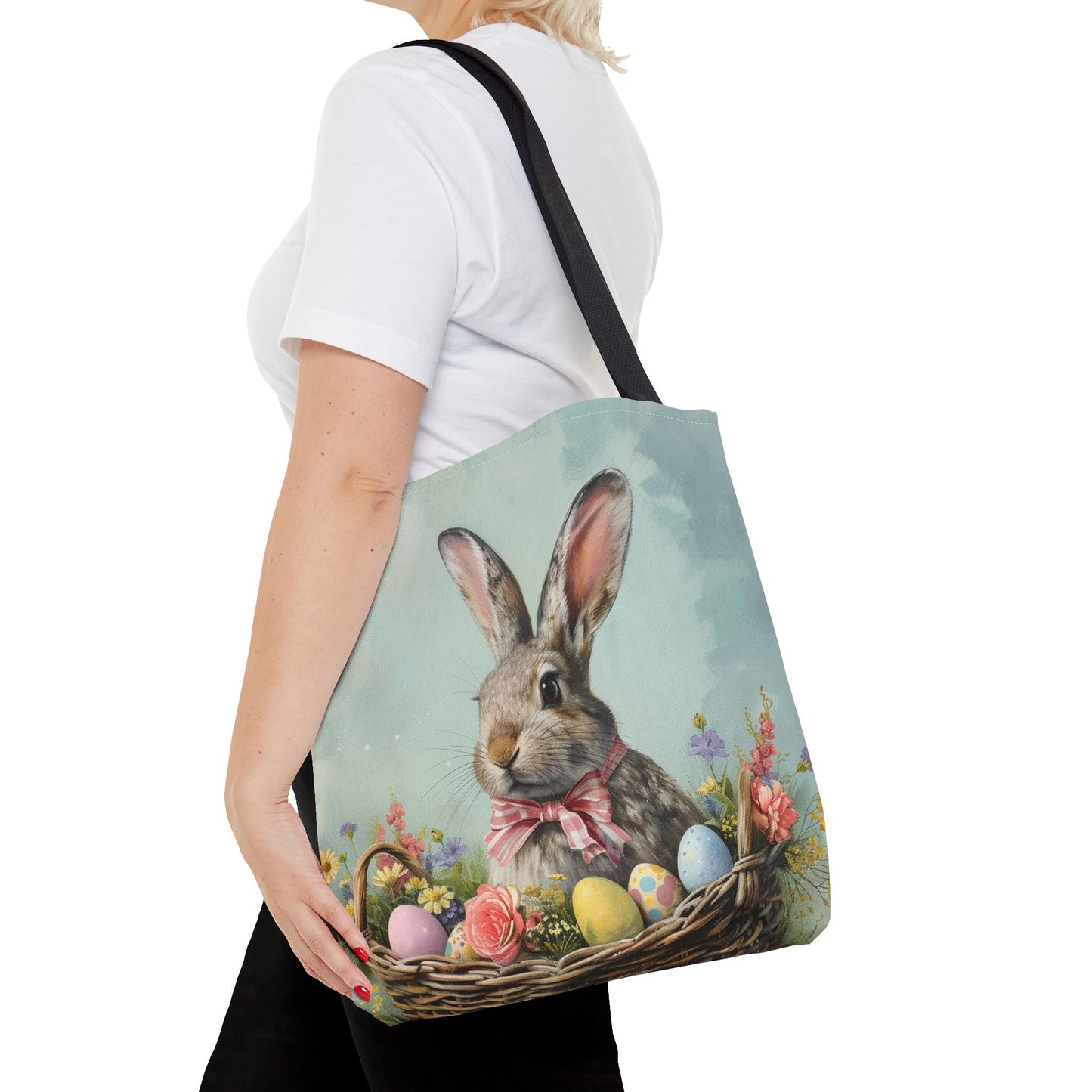 Easter Bunny Floral Tote Bag with Pastel Egg Design