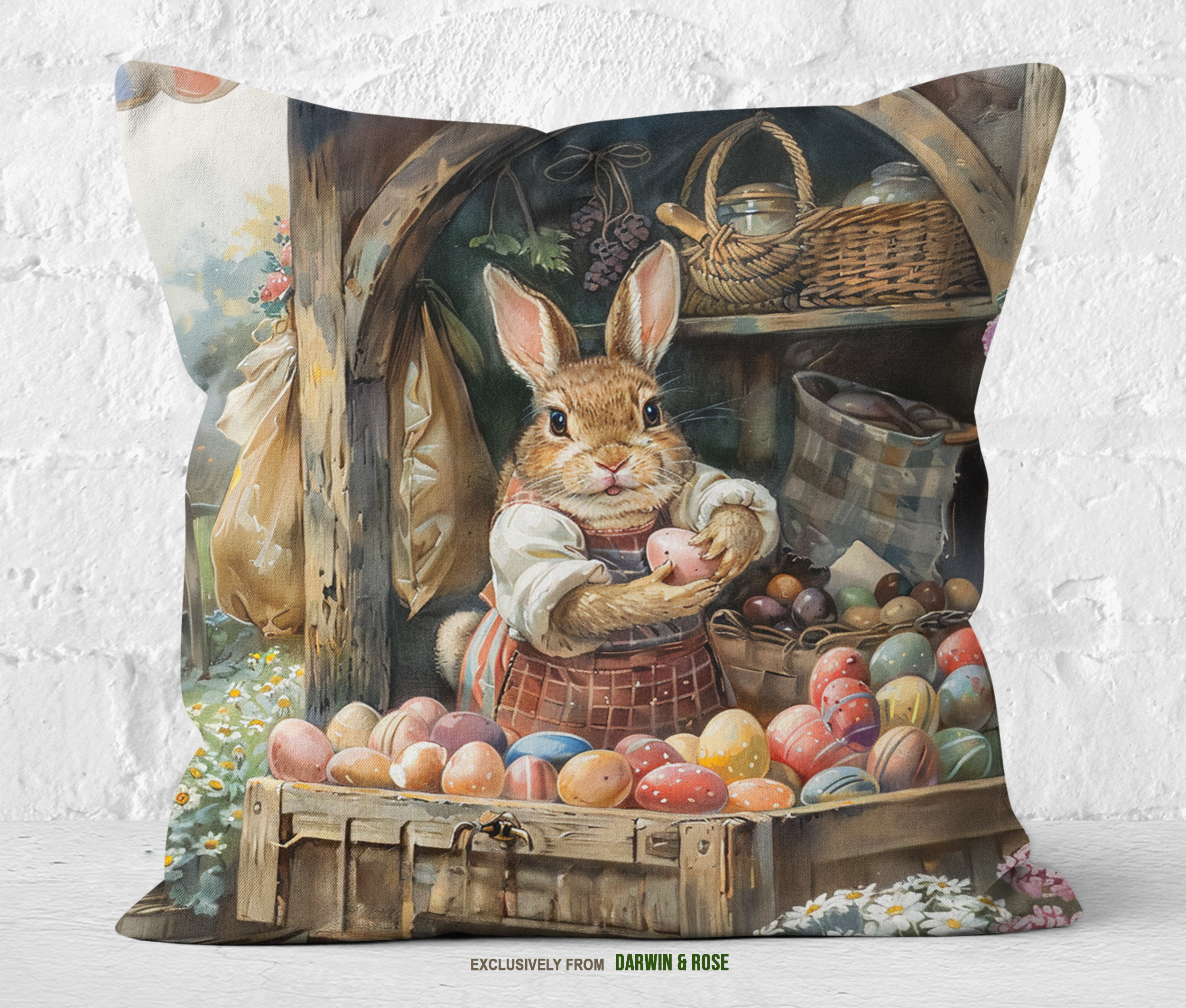 Easter Bunny's Rustic Market Throw Pillow - Farmhouse Spring Décor