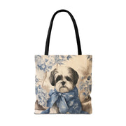 Elegant Shih Tzu Floral Tote Bag with Blue Bow for Dog Lovers