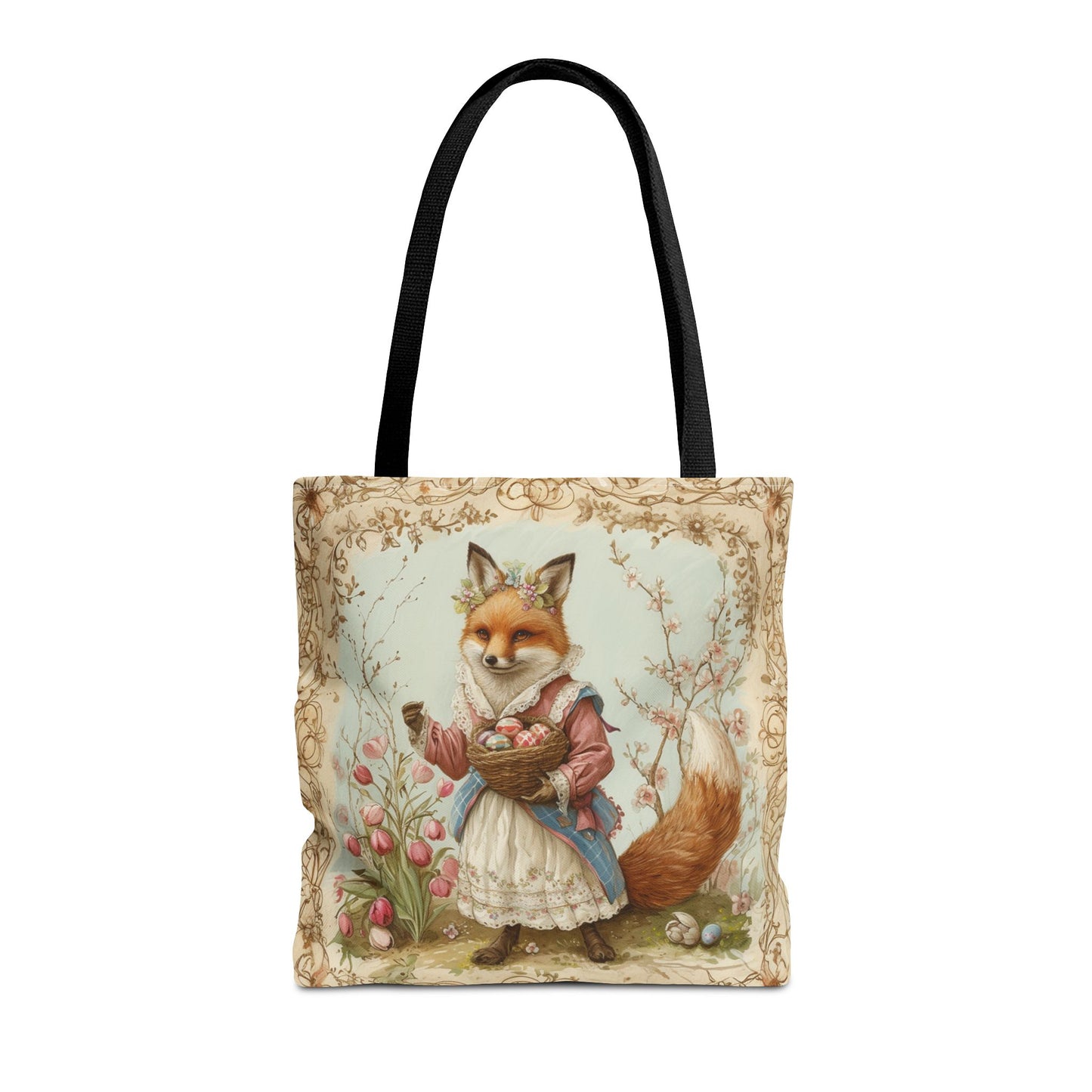 Easter Fox Tote Bag with Tulip Garden, Eco-Friendly Market Bag