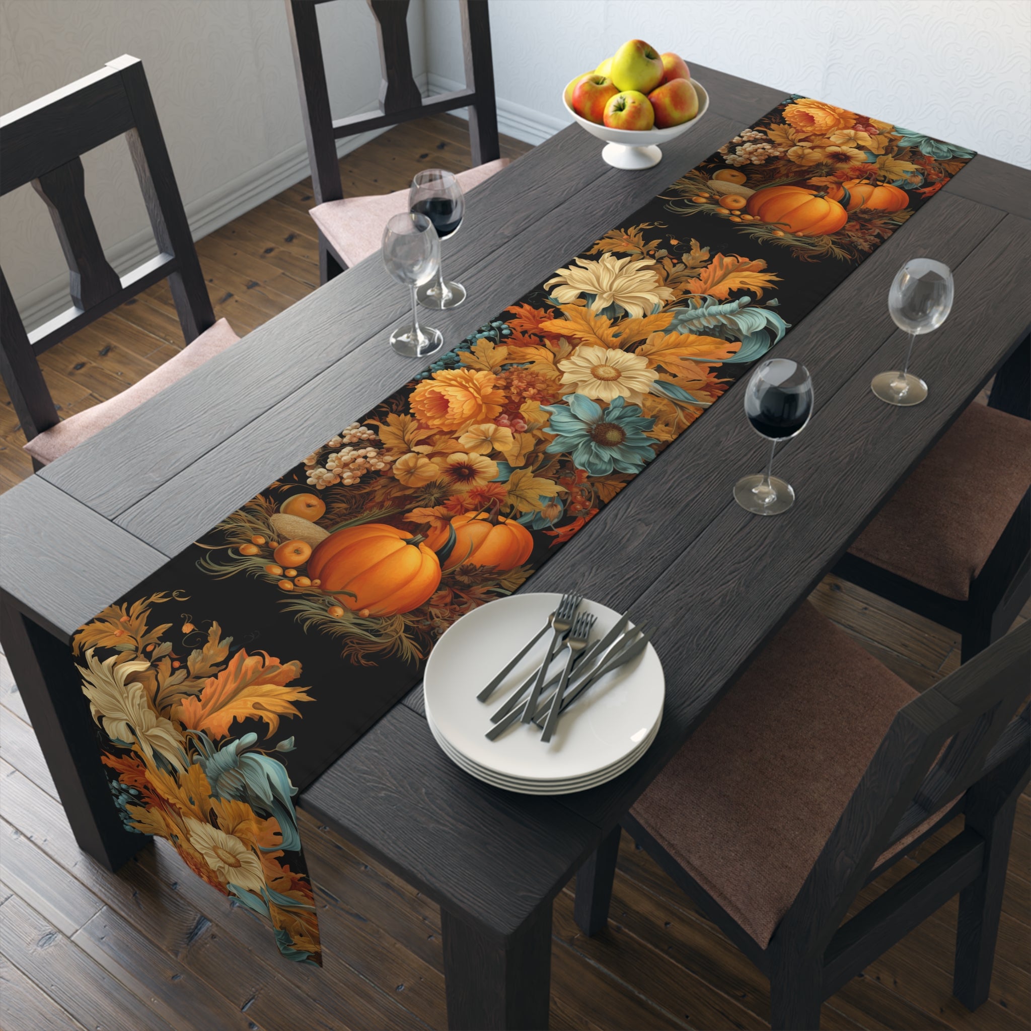 Pumpkin Harvest Table Runner | Orange, Gold, and Teal Design (72" or 90")