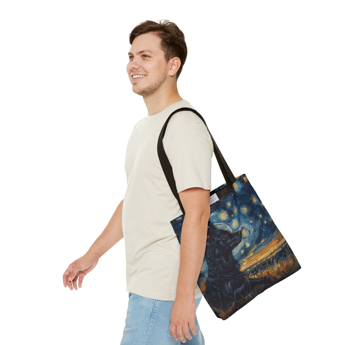 Starry Night Black Dog Tote Bag, Artistic Grocery & Beach Accessory