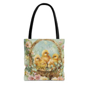 Easter Chick Trio Canvas Tote Bag, Spring Floral Shopping Bag