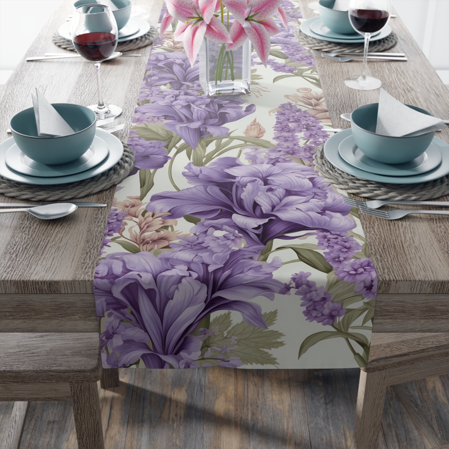 Purple Floral Table Runner | Lavender, Lilac, and Cream Décor (72" or 90")