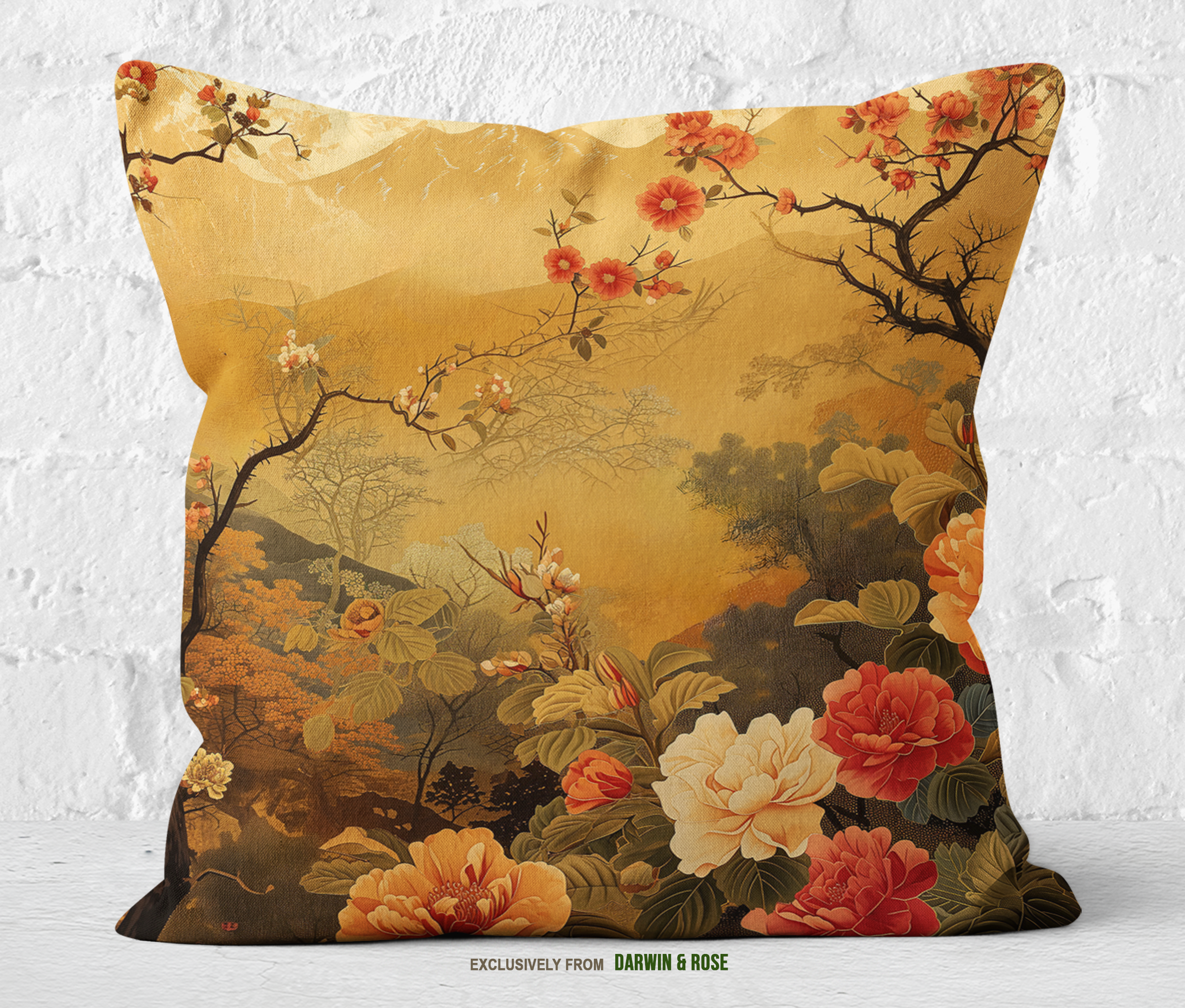 Golden Harmony Floral Throw Pillow for Modern Asian-Inspired Decor