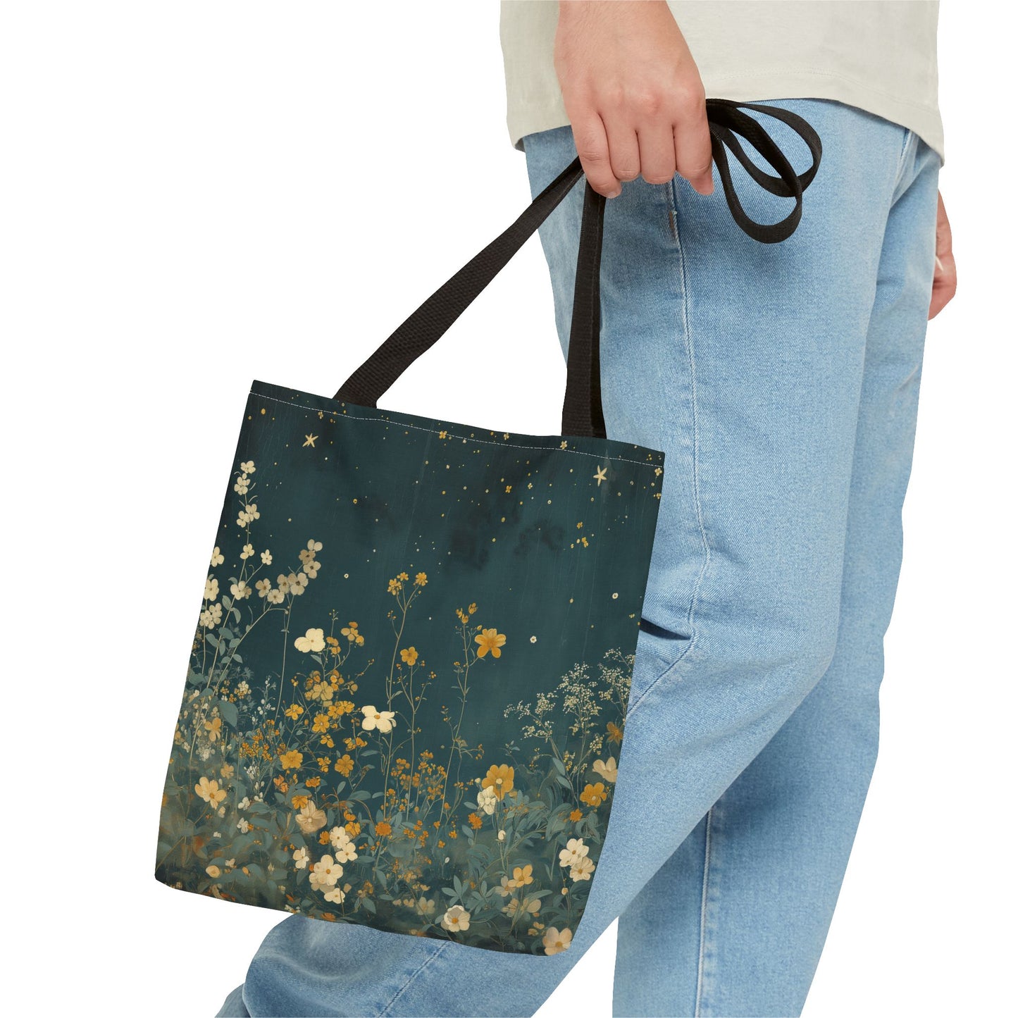 Midnight Floral Starry Canvas Tote Bag, Eco-Friendly Everyday Carry