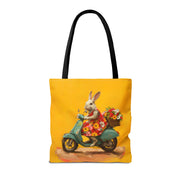 Bunny on Scooter Flower Tote Bag, Vibrant Artistic Market Bag