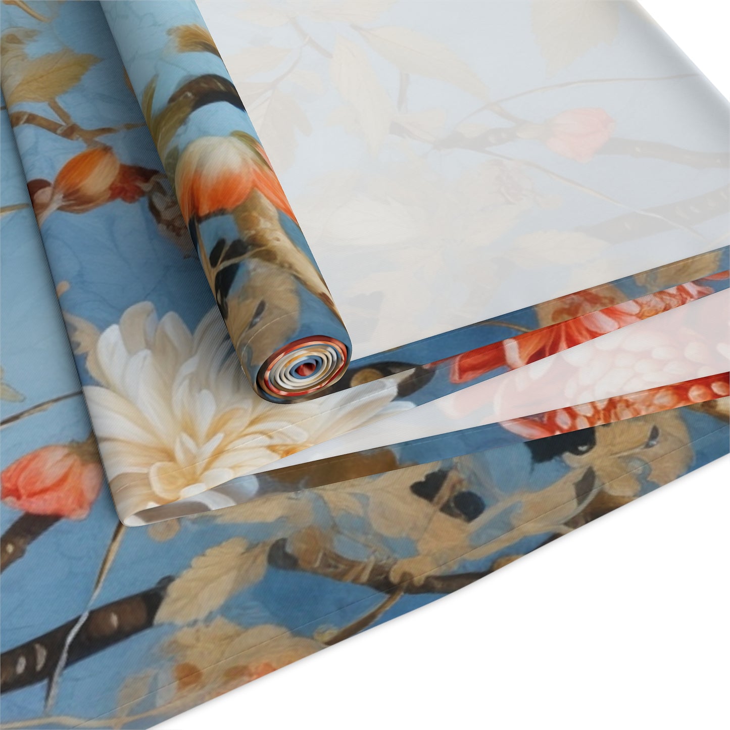 Chinoiserie Blue Floral Table Runner | Blue, White, and Coral Design (72" or 90")