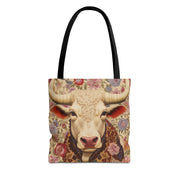 Floral Bull Art Tote Bag - Rustic Eco-Friendly Market Tote