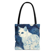 Moonlit Floral Cat Tote Bag, Elegant Canvas for Nature Lovers