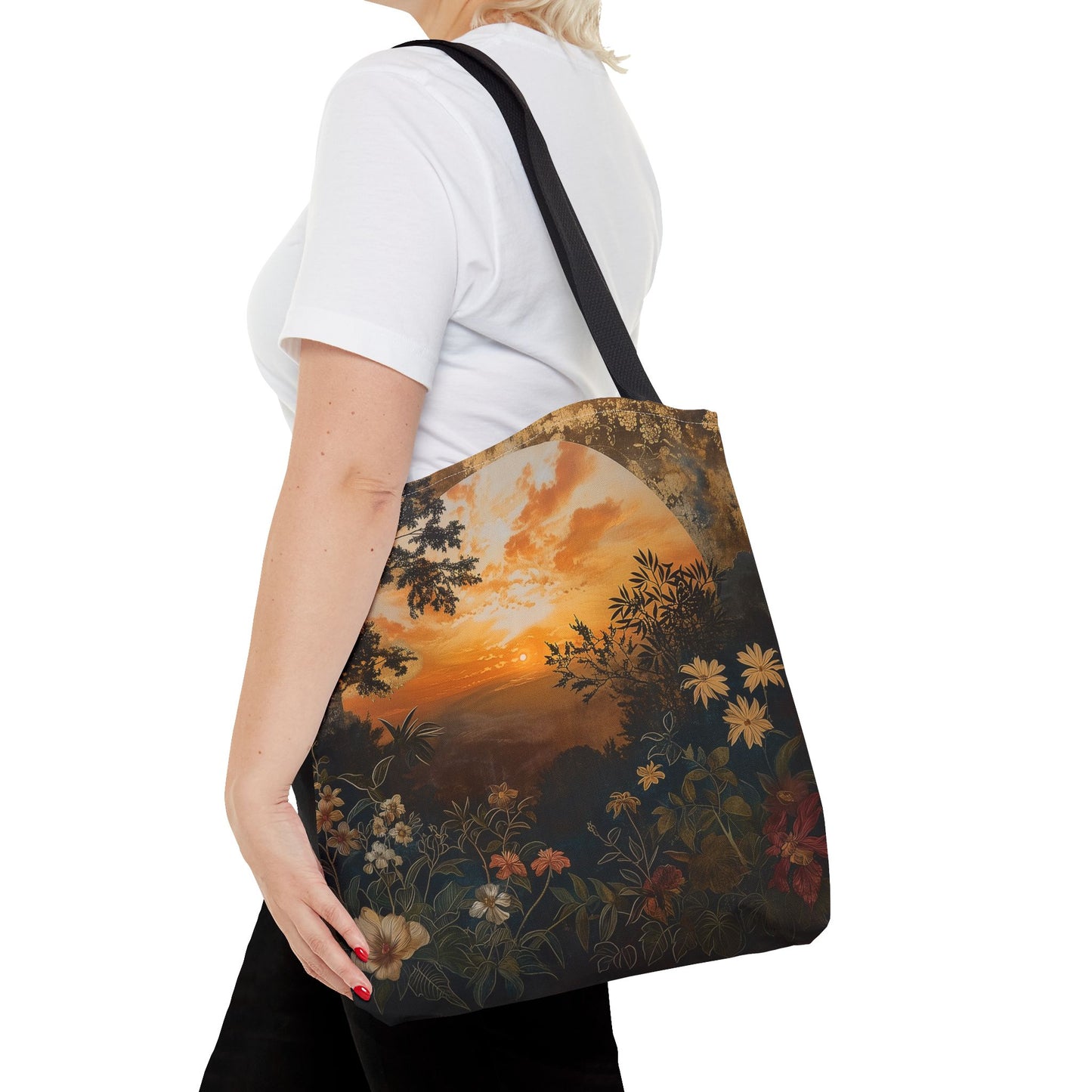 Sunset Serenity Tote Bag, Floral Market Bag for Everyday Use