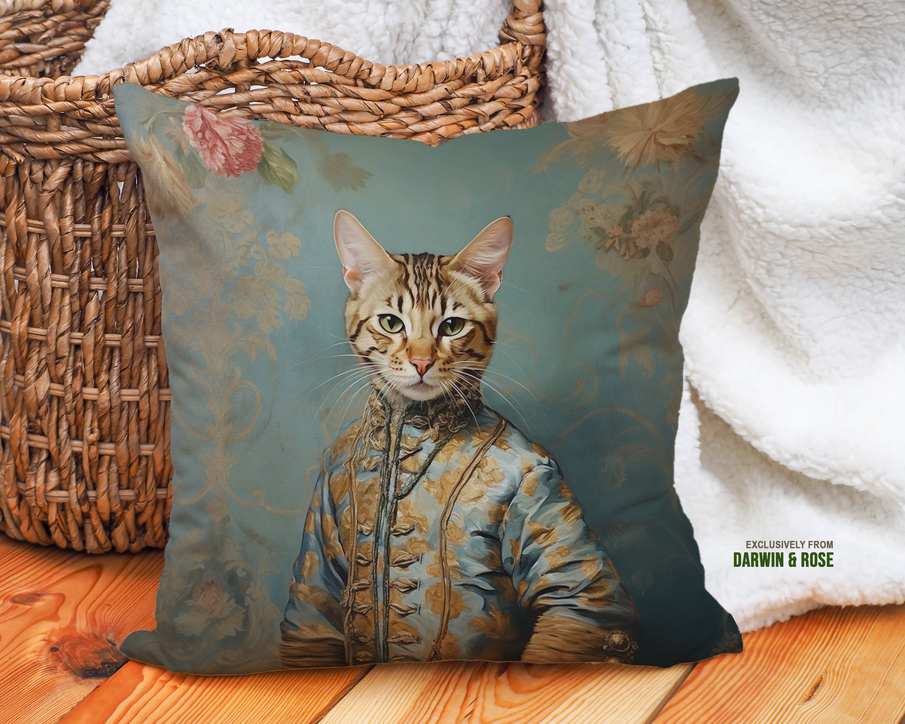 Regal Bengal Cat in Baroque-Style Outfit Throw Pillow