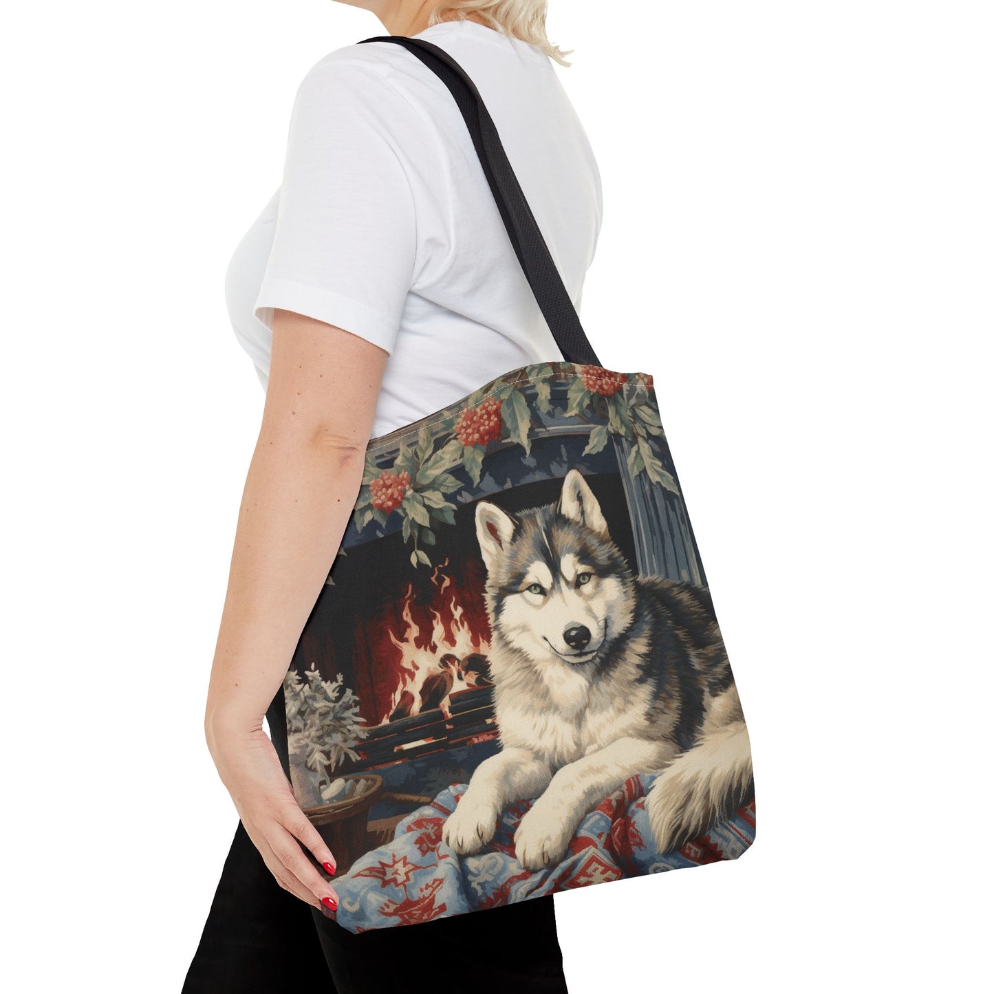 Siberian Husky Holiday Fireside Tote, Cozy Winter Canvas Bag