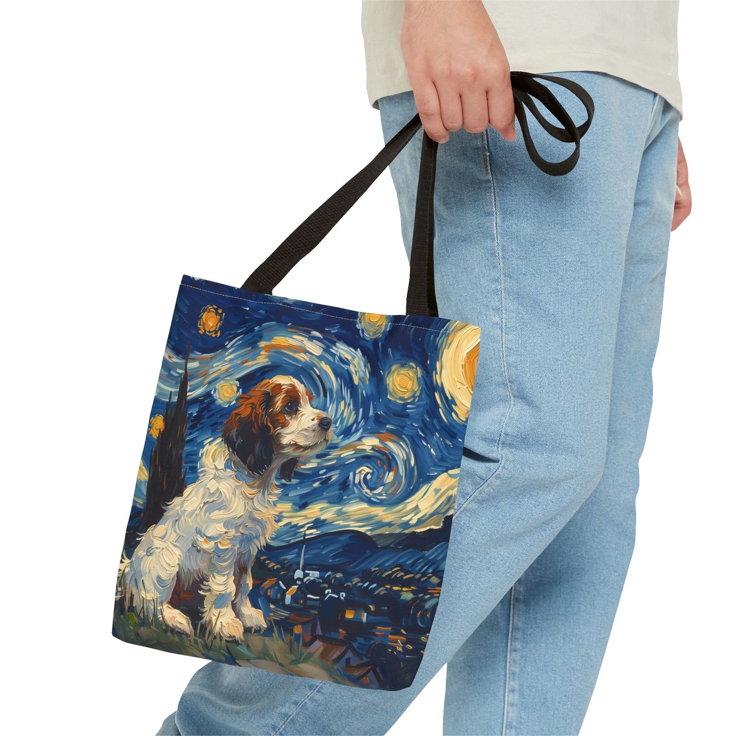 Starry Cavalier King Charles Tote Bag, Van Gogh-Inspired Design