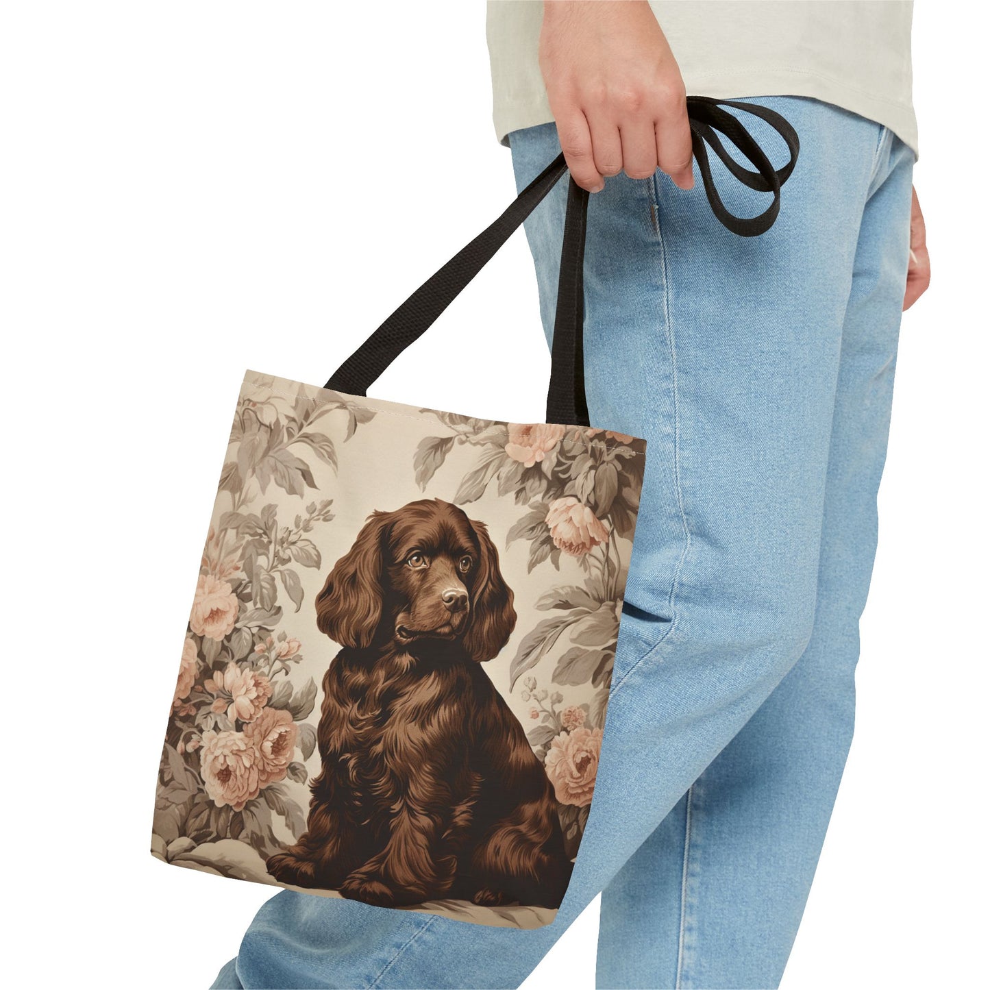 Chocolate Brown Spaniel Tote Bag with Vintage Floral Design