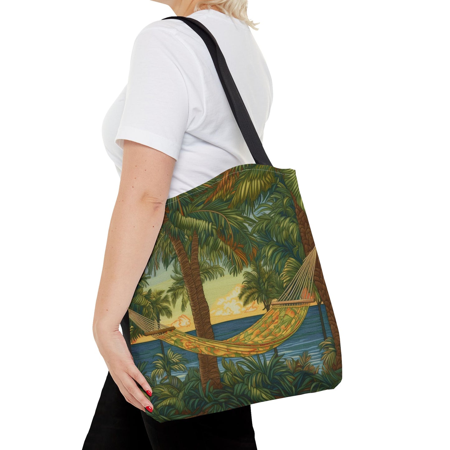 Tropical Paradise Canvas Tote Bag, Palm Tree Hammock Beach Design