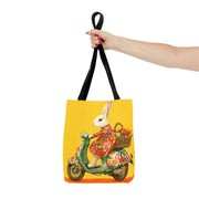 Bunny on Floral Scooter Tote Bag, Vibrant Eco-Friendly Shopping Tote