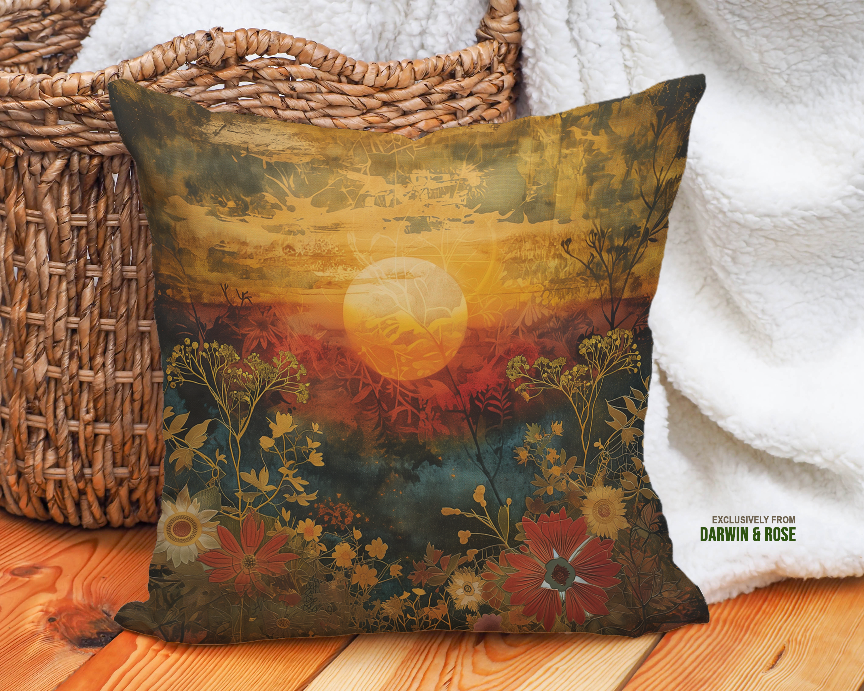 Golden Sunset Boho Floral Throw Pillow