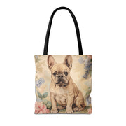 Charming Frenchie Canvas Tote Bag - Fawn Bulldog with Floral Design