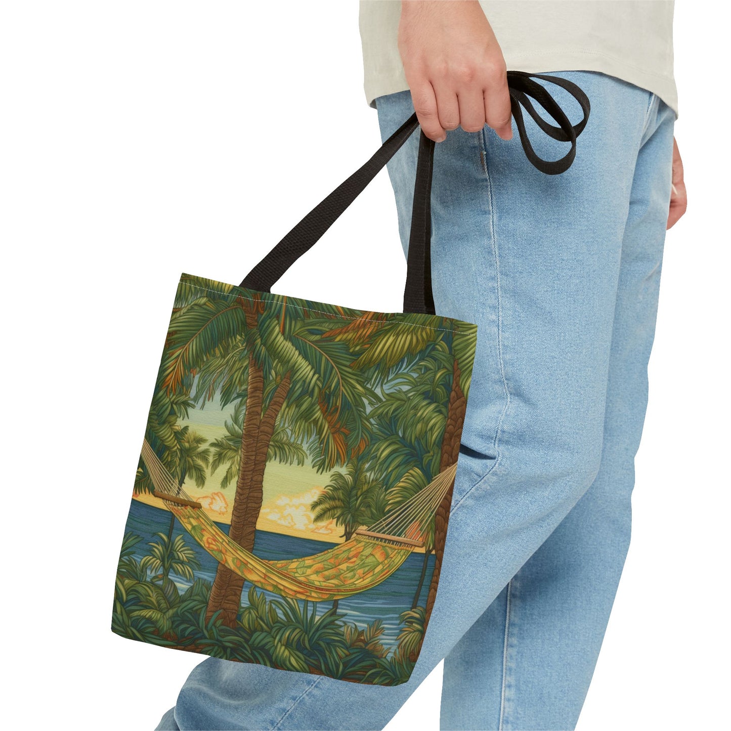 Tropical Paradise Canvas Tote Bag, Palm Tree Hammock Beach Design