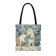 Elegant Winter Horse Tote Bag, Floral Design with Scarf Accent