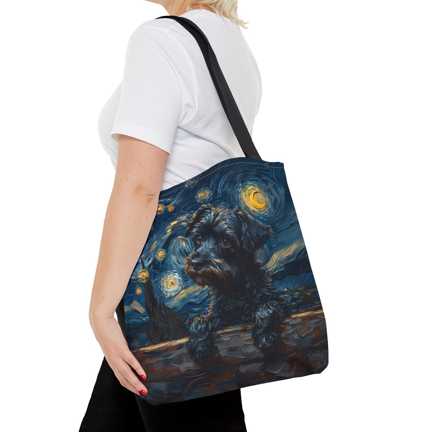 Starry Schnauzer Tote Bag with Van Gogh-Inspired Design