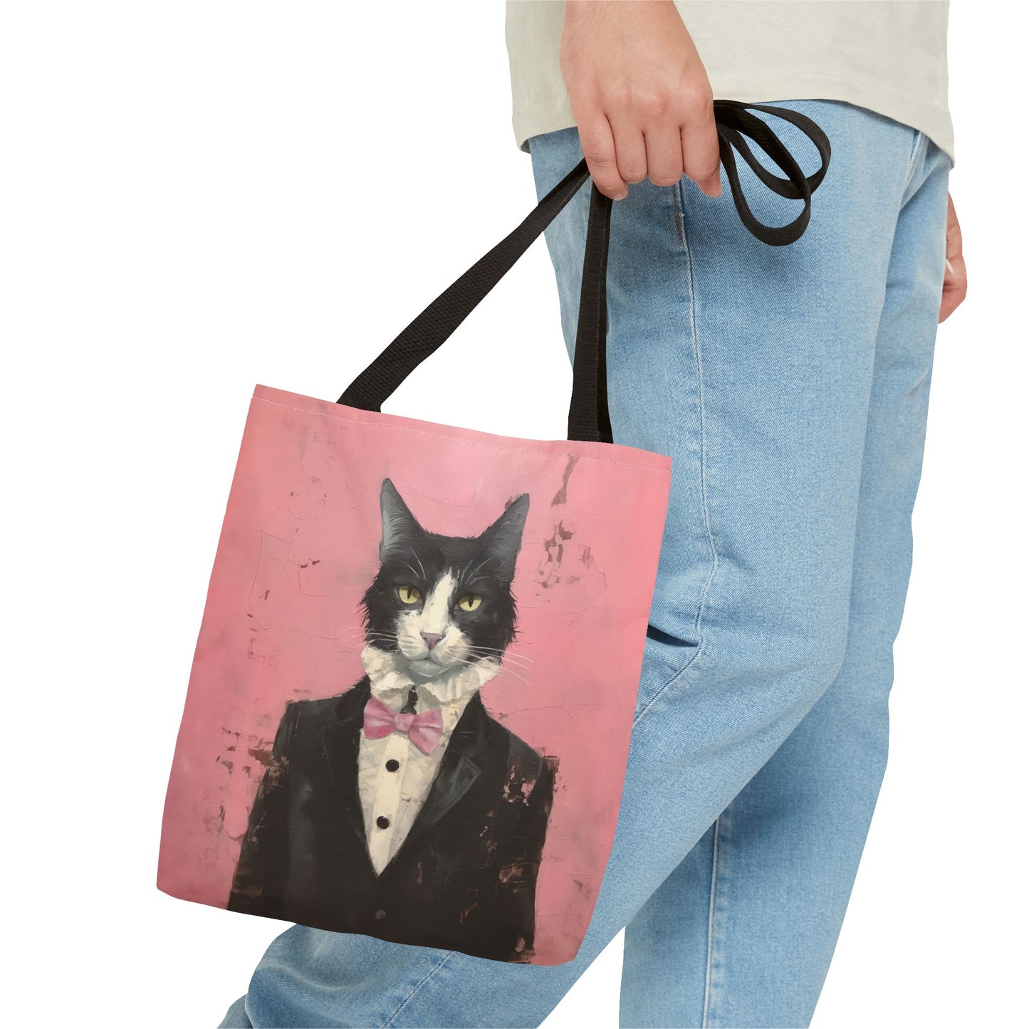 Elegant Tuxedo Cat Canvas Tote Bag – Chic Pink Design for Cat Lovers