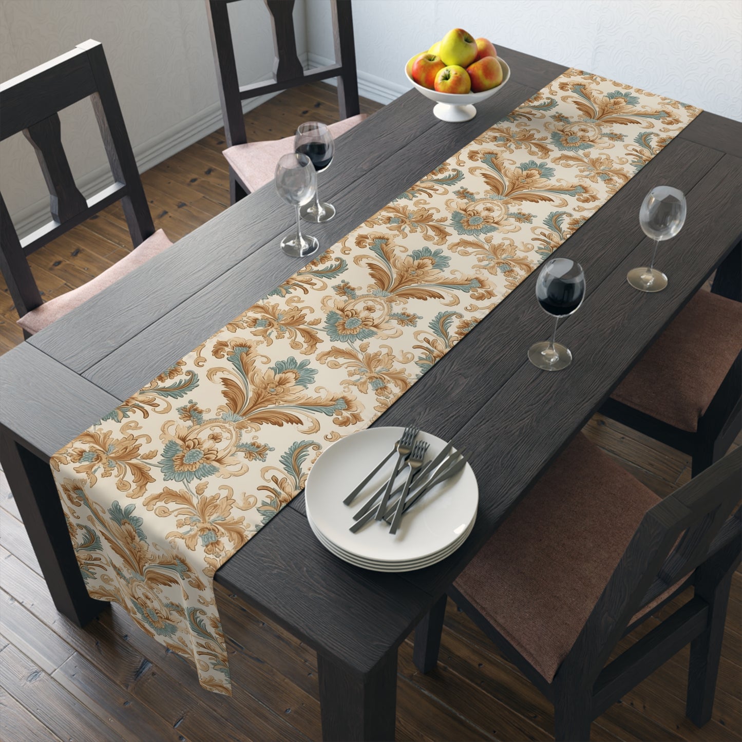 French Damask Table Runner | Gold, Beige, and Teal Design (72" or 90")