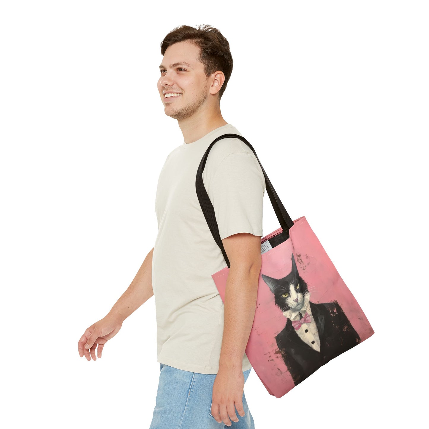 Elegant Tuxedo Cat Canvas Tote Bag – Chic Pink Design for Cat Lovers