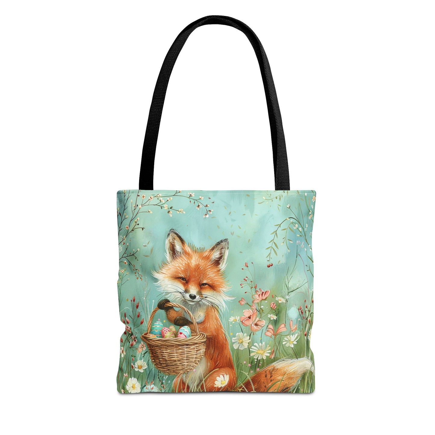 Fox-Inspired Easter Tote Bag with Basket and Floral Meadow Scene