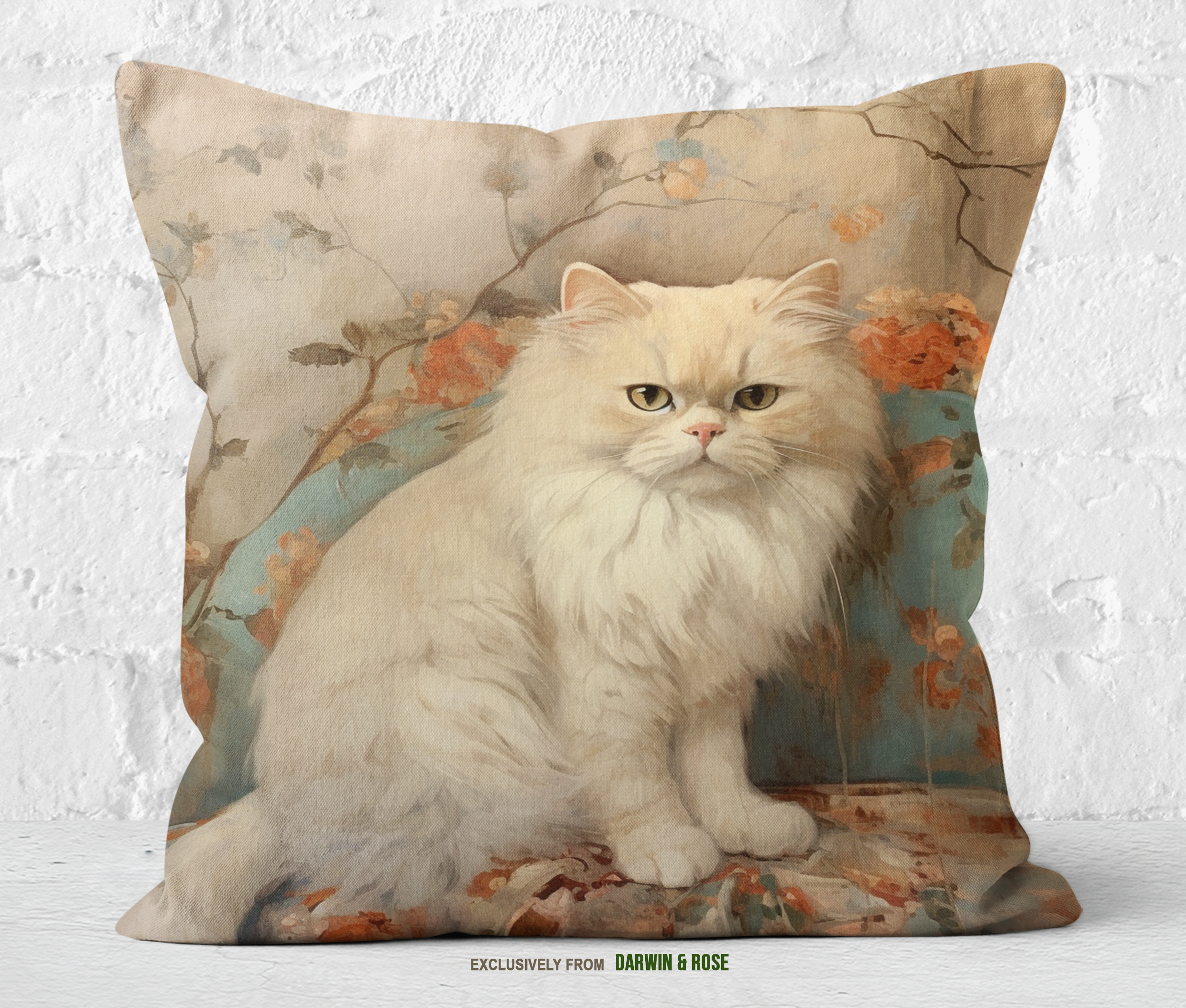 Elegant Persian Cat Throw Pillow - Vintage Floral Style for Cozy Décor