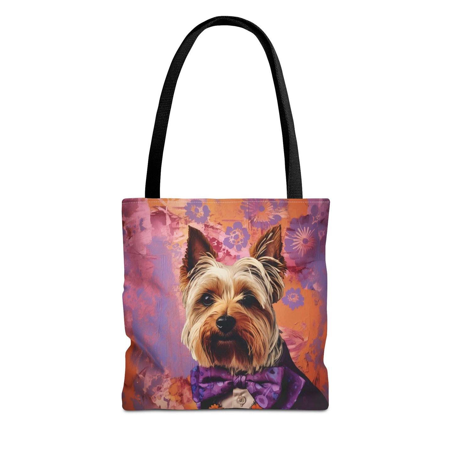 Yorkie Elegance Tote Bag with Vibrant Floral Backdrop, Eco-Friendly