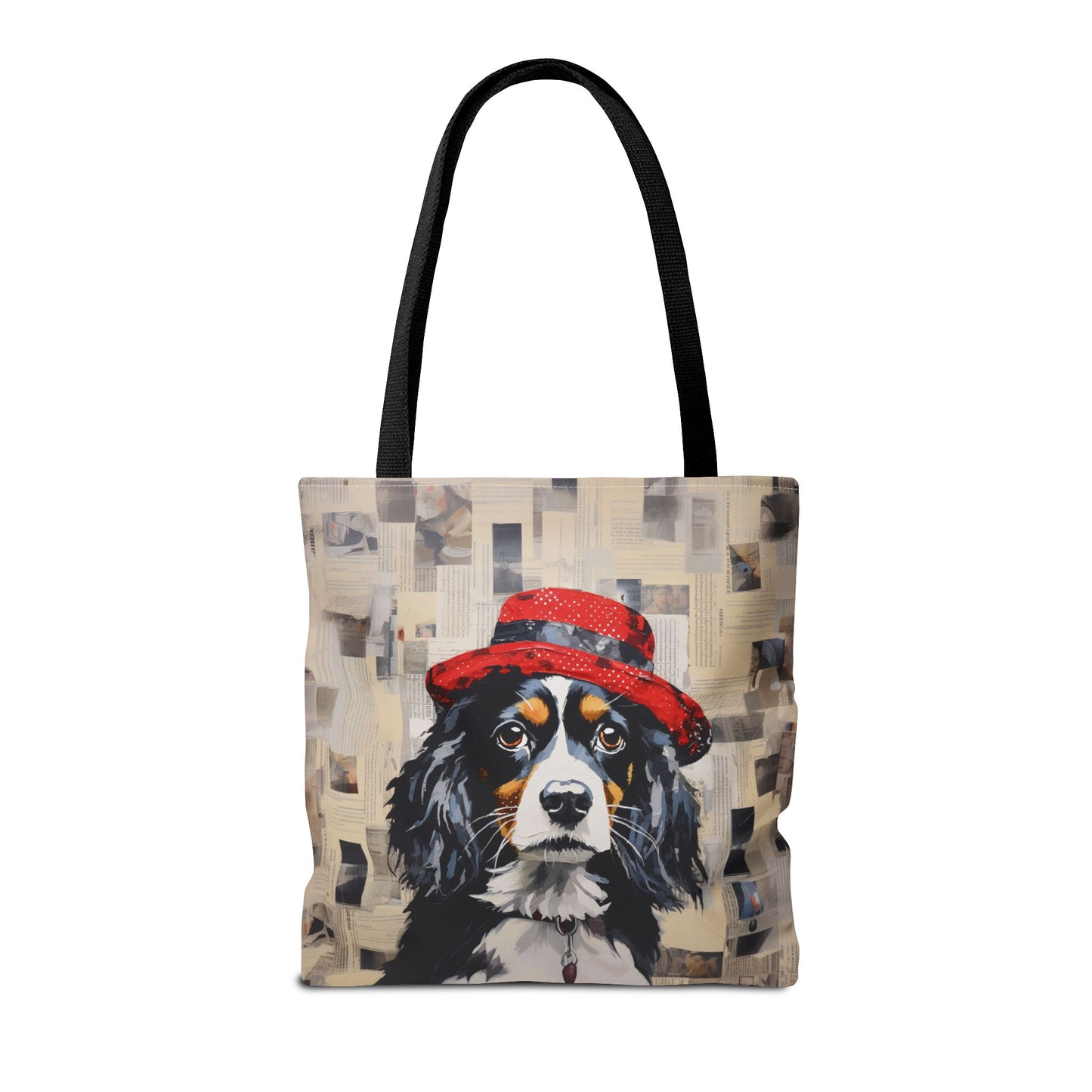 Cavalier King Charles Spaniel Tote Bag, Newsprint Design with Red Hat