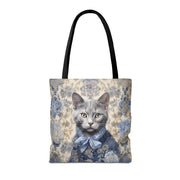 Russian Blue Cat Floral Tote Bag, Elegant Eco-Friendly Shopper