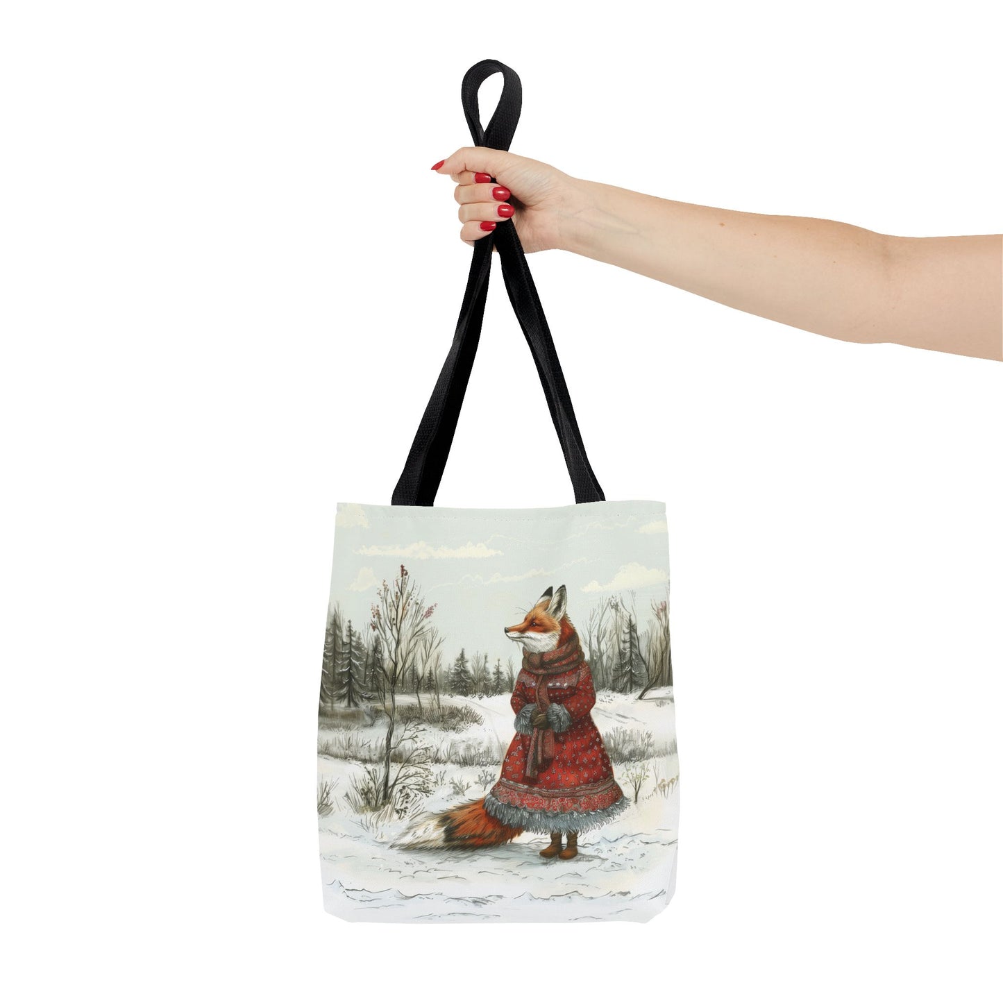 Winter Fox Walk Eco-Friendly Tote Bag, Artistic & Seasonal Design