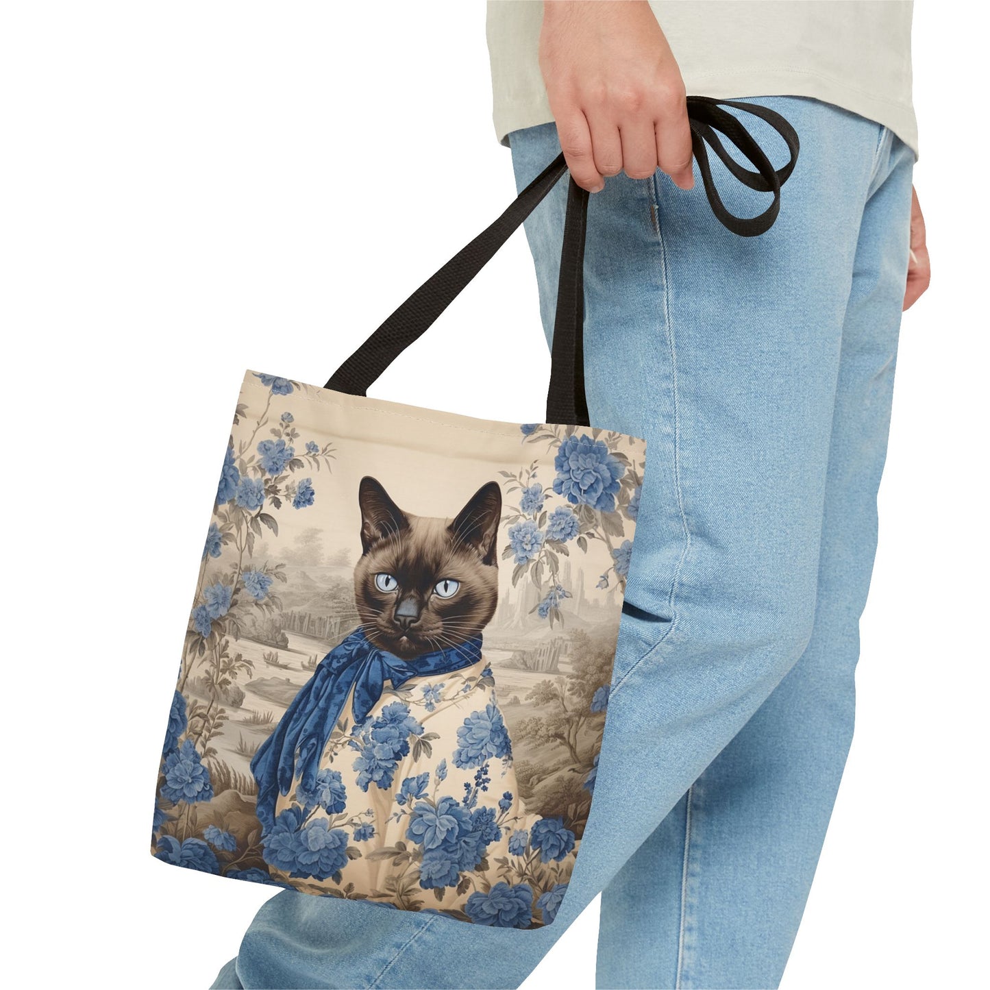 Siamese Elegance Tote Bag, Charming Cat Design in Blue and Beige Canvas