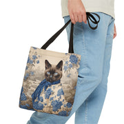 Siamese Elegance Tote Bag, Charming Cat Design in Blue and Beige Canvas