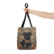 Charming Black Pug Floral Tote Bag with Elegant Bowtie Design