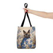 Siamese Elegance Tote Bag, Charming Cat Design in Blue and Beige Canvas